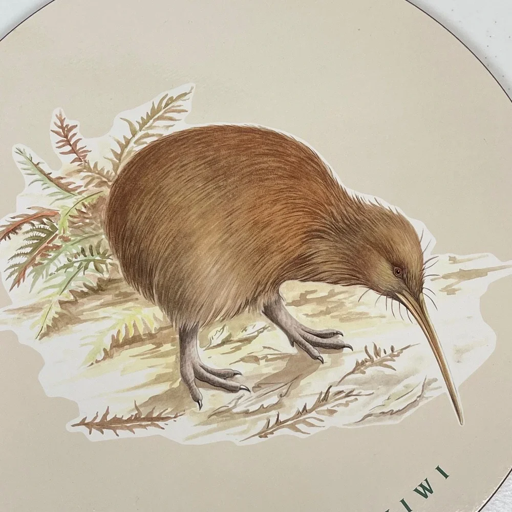Vintage New Zealand Kiwi Bird Round Cork Backed Placemat Trivet Beige Green Art